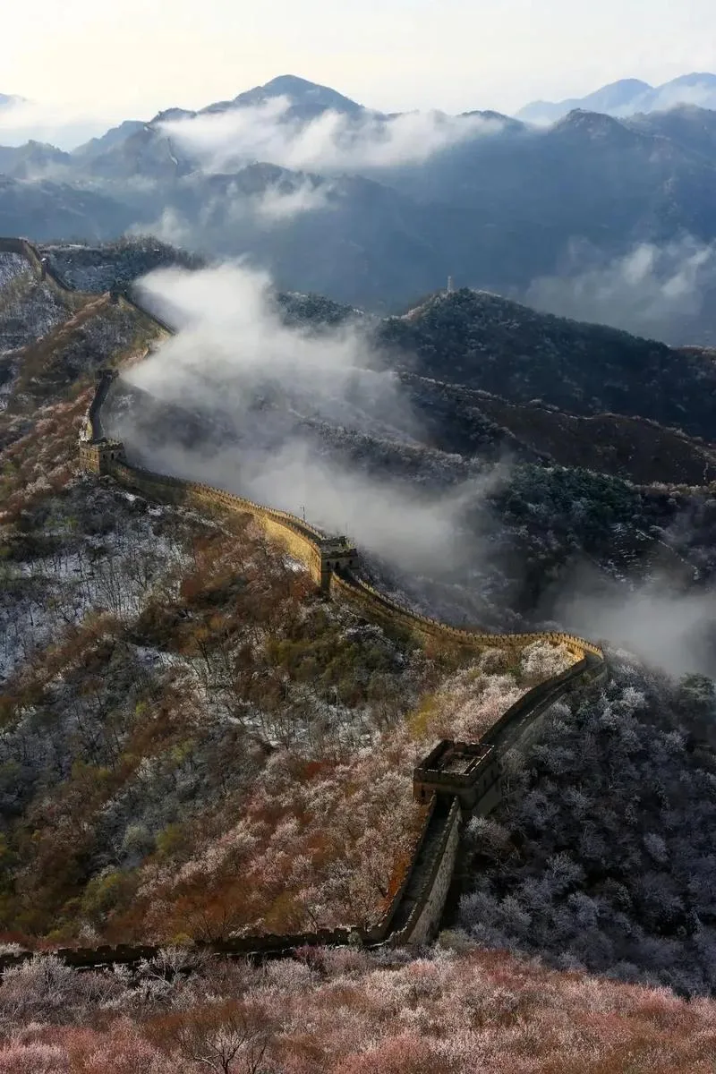 Ming Great Wall section on a mountain ridge in cold weather