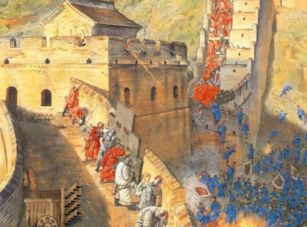 Great Wall military defense illustration with towers and soldiers