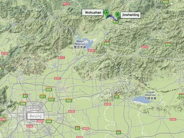 Wohushan Great Wall route map near Gubeikou