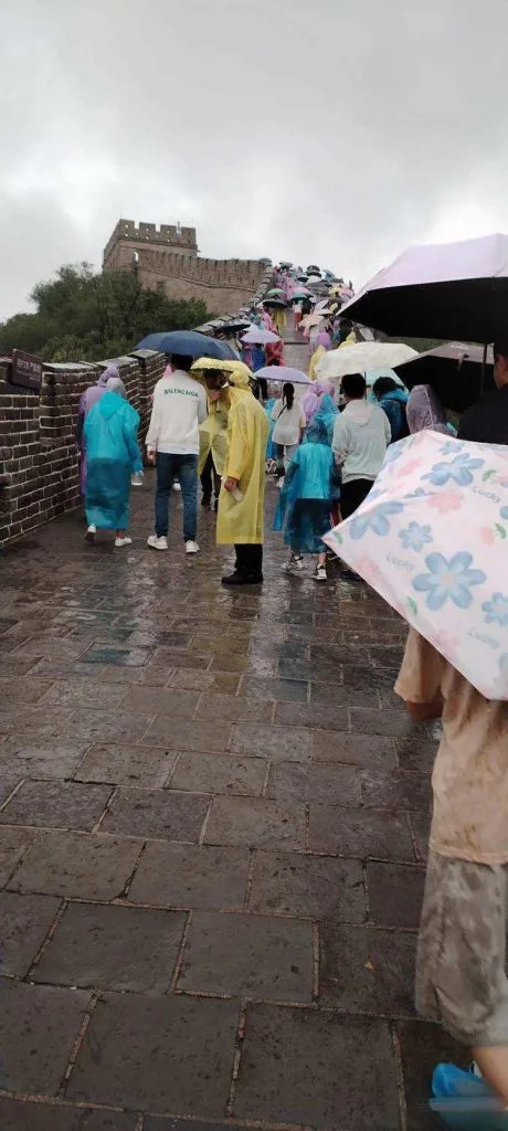 Great Wall rainy day mountain view and wet steps
