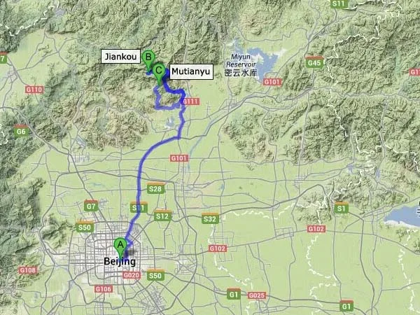 Jiankou to Mutianyu Great Wall hiking route map