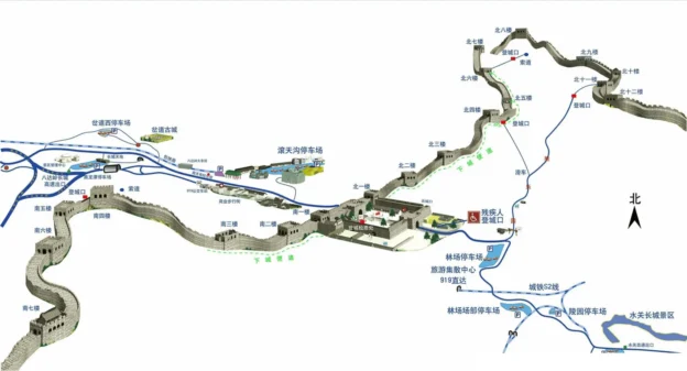 Map showing Great Wall route sections near Beijing