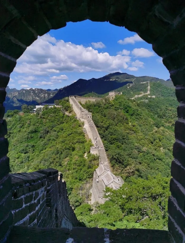 Great Wall in May seen through a watchtower arch