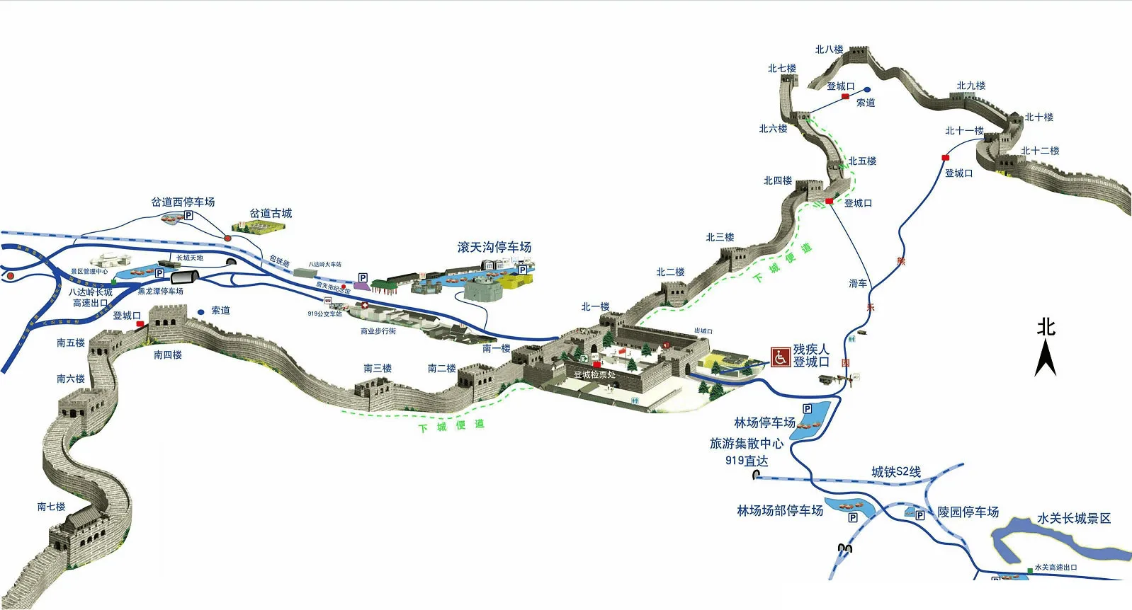 Sketch map showing Great Wall route sections and nearby roads
