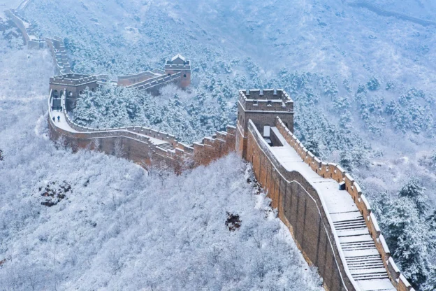 Snow-covered Great Wall section in winter