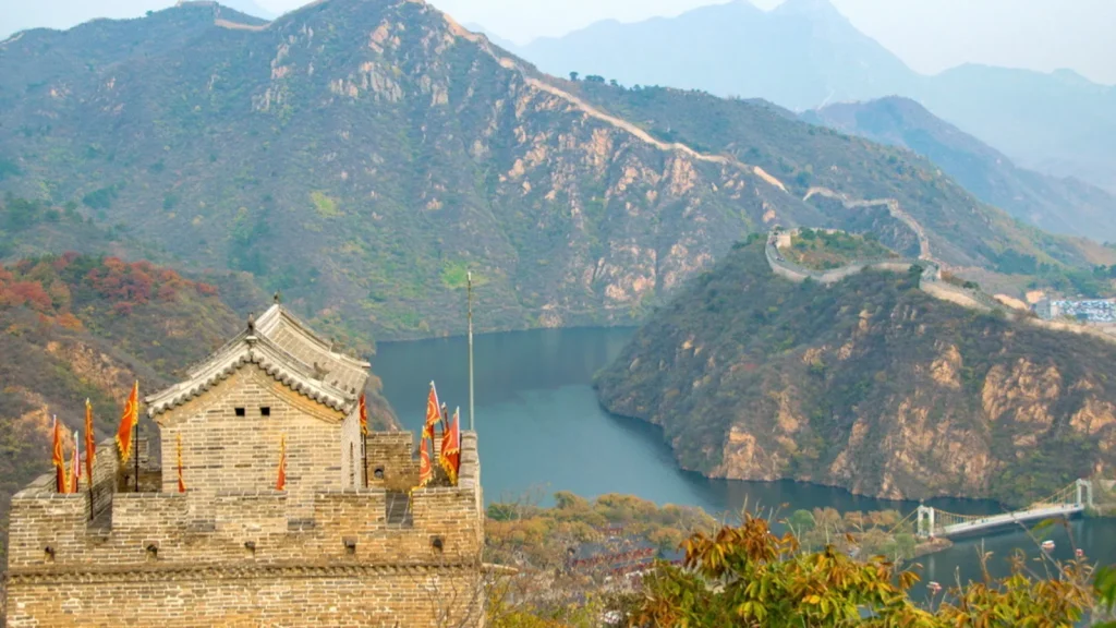 Huanghuacheng Lakeside Great Wall with reservoir and mountain ridges