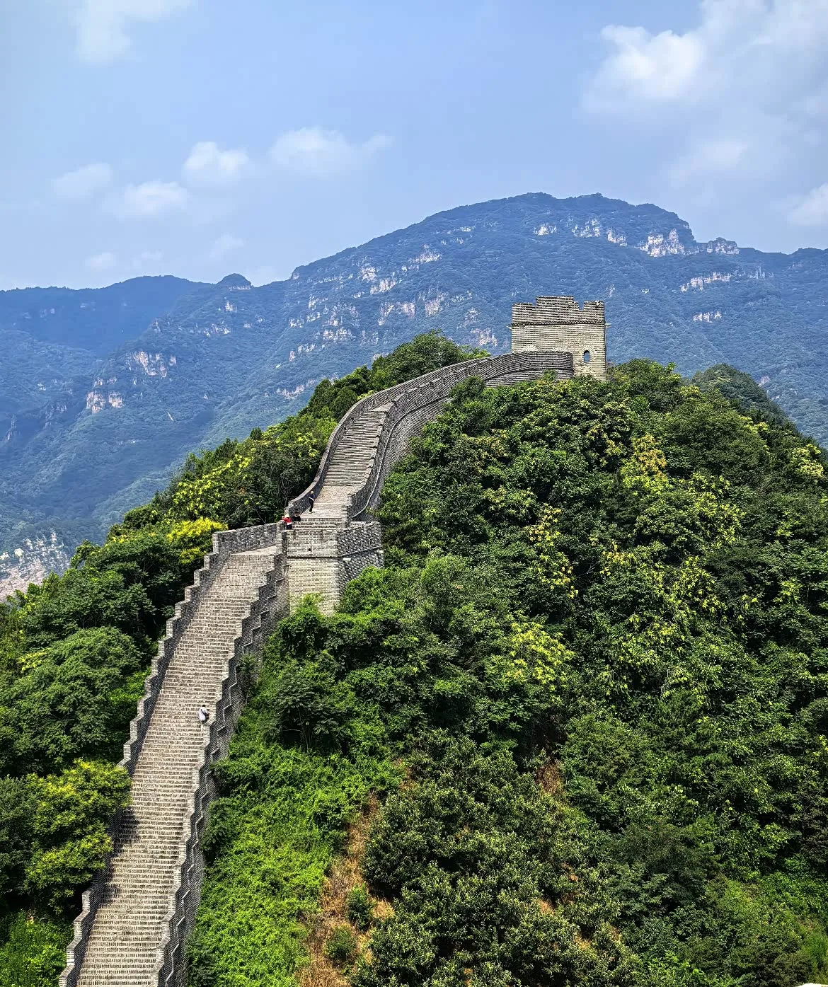 Huangyaguan Great Wall climbing a green mountain ridge