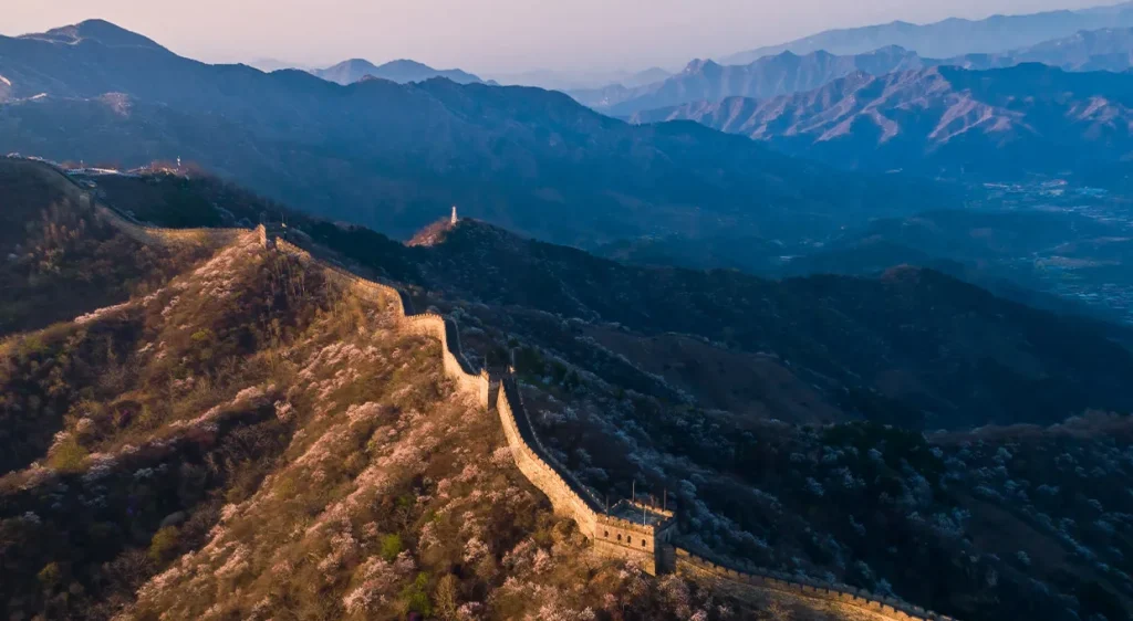 Wide spring ridge view at Mutianyu Great Wall near Beijing