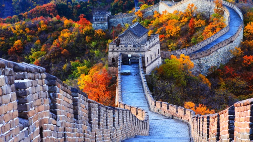 Mutianyu Great Wall watchtower and restored wall above the mountains
