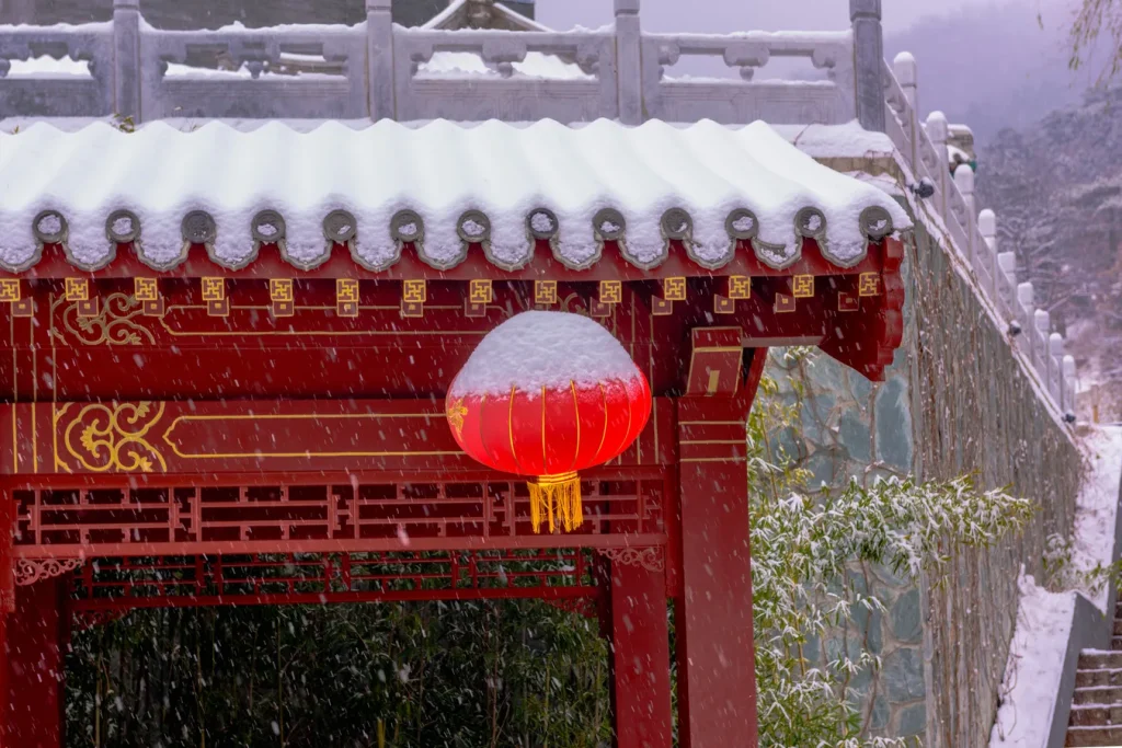 Snow-covered buildings near Mutianyu Great Wall in February
