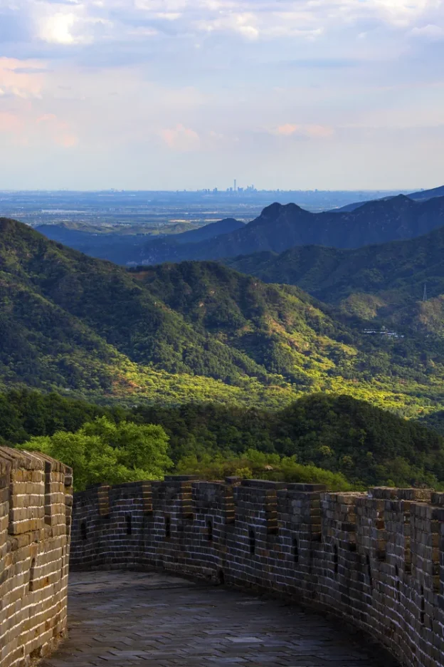 Green Mutianyu Great Wall ridge in July summer conditions