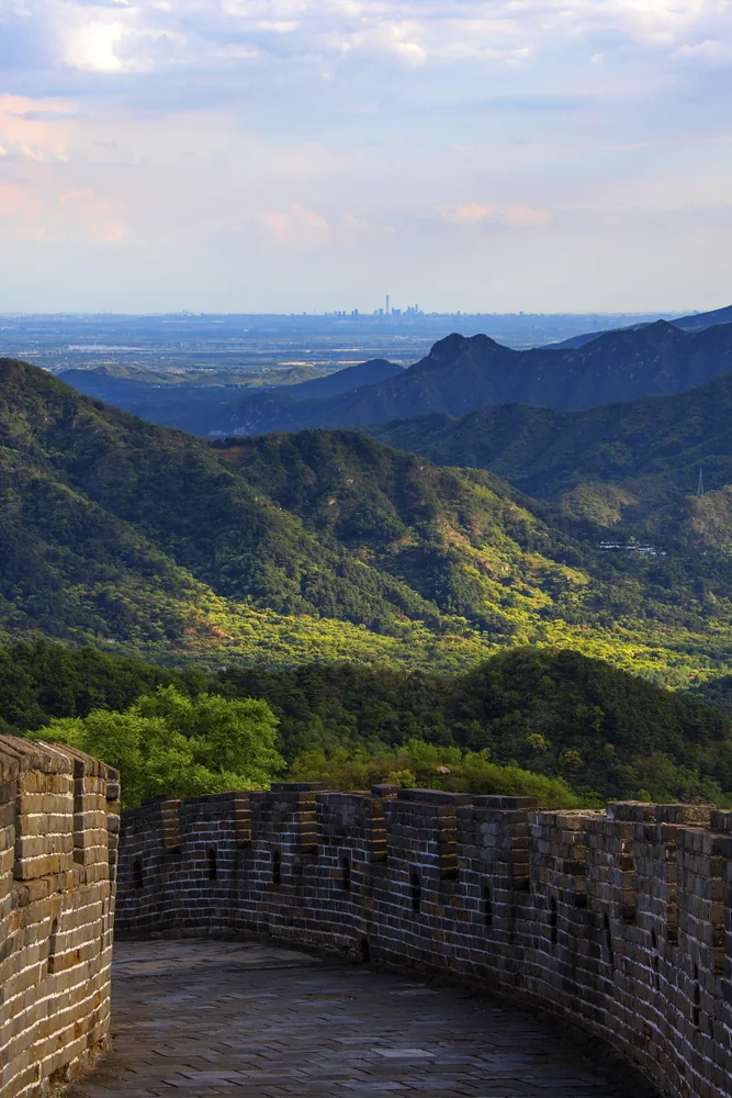 Green Mutianyu Great Wall ridge in July summer conditions