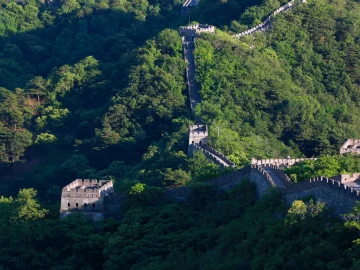 Green Mutianyu Great Wall ridge in June summer conditions