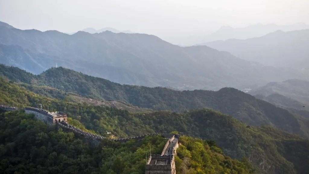 Mutianyu Great Wall ridge and watchtowers seen from the mountains