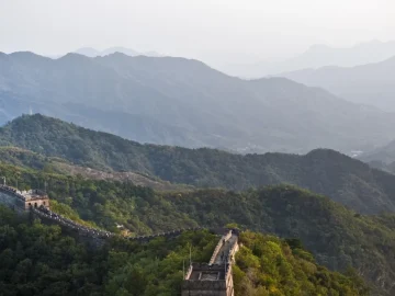 Mutianyu Great Wall ridge and watchtowers seen from the mountains