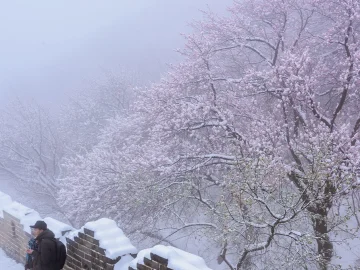 Late snow on Mutianyu Great Wall during early spring conditions