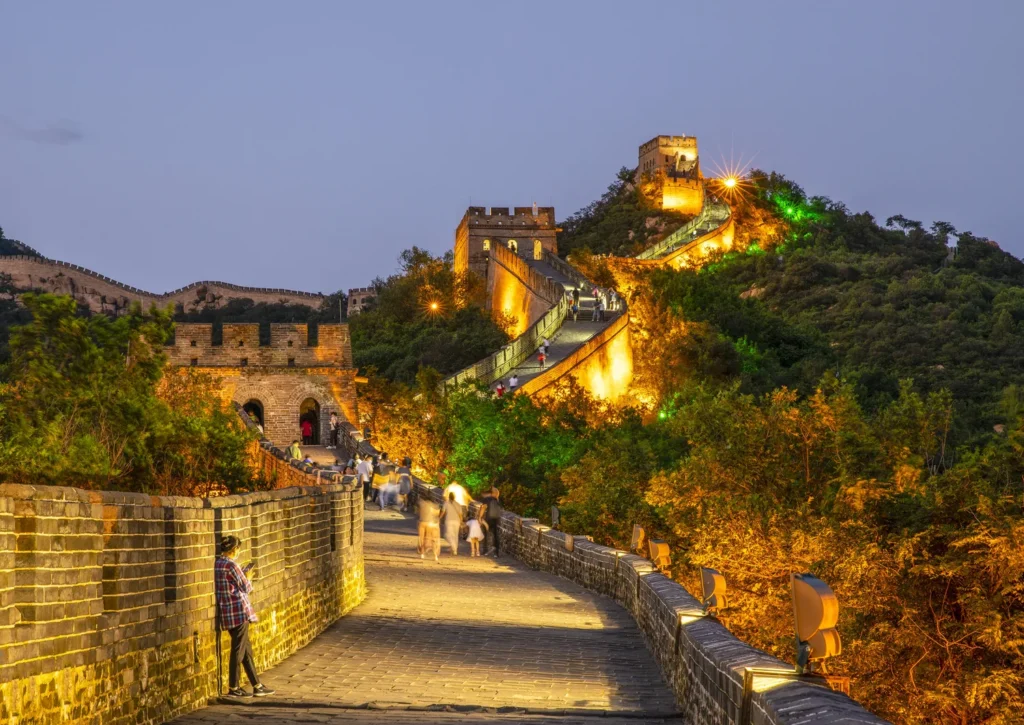 Lit Great Wall path at Simatai during an evening visit
