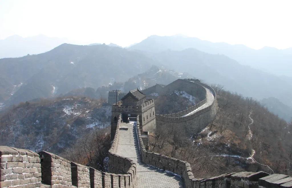 Real view of the restored Mutianyu Great Wall on a mountain ridge north of Beijing