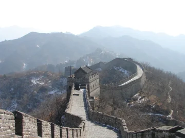 Real view of the restored Mutianyu Great Wall on a mountain ridge north of Beijing