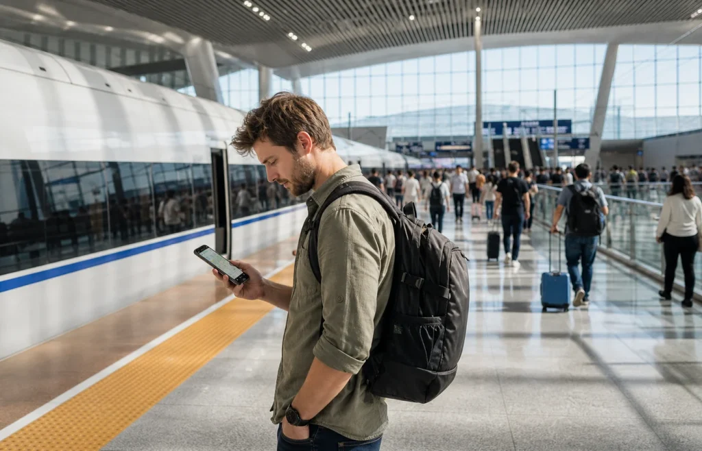 Illustration of a traveler checking a phone map after arriving by high speed train in Beijing