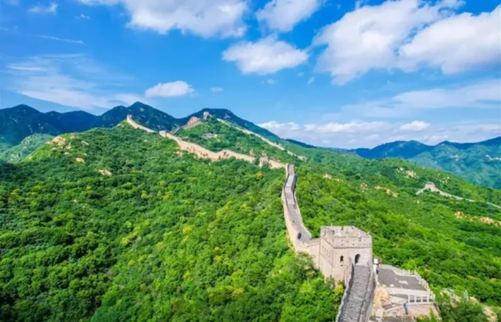 Badaling Great Wall ridge view with restored wall and green mountains north of Beijing