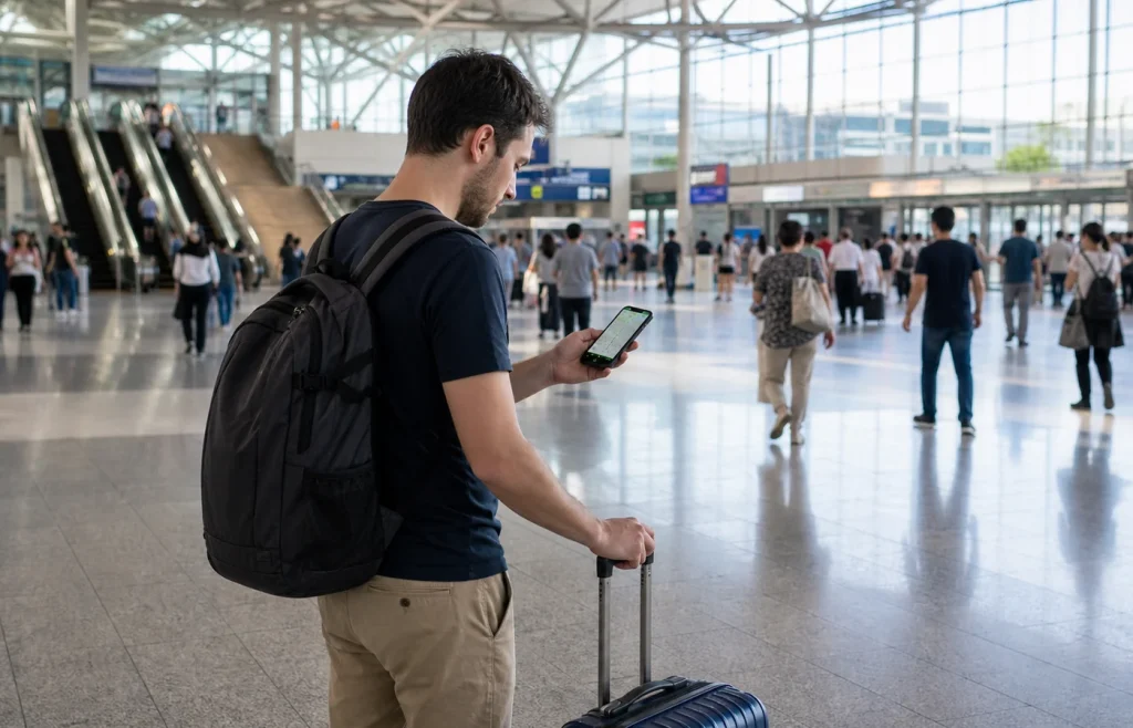 Illustration of a traveler checking a phone route in a railway station before going to Badaling Great Wall