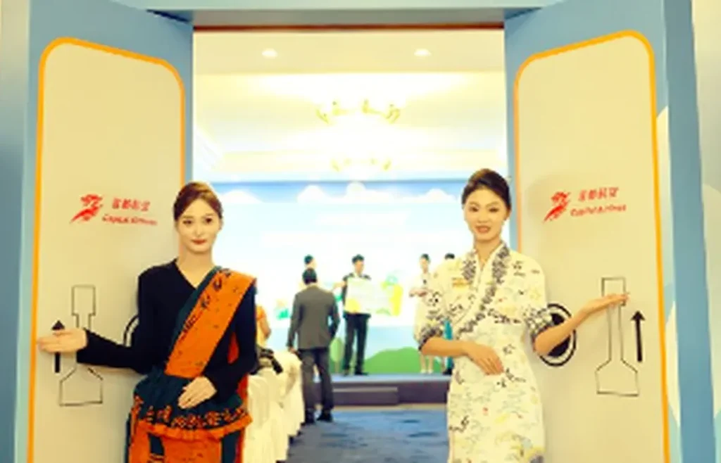 Airport service counter scene for travelers checking route information after arriving in Beijing