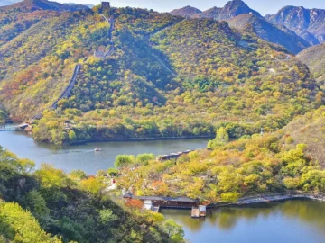Huanghuacheng Water Great Wall with lake, hills, and restored wall sections