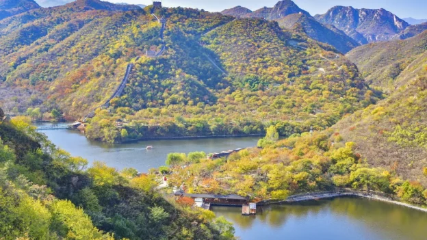 Huanghuacheng Water Great Wall with lake, hills, and restored wall sections