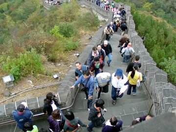 A group of visitors walking together on the steps of Juyongguan Great Wall