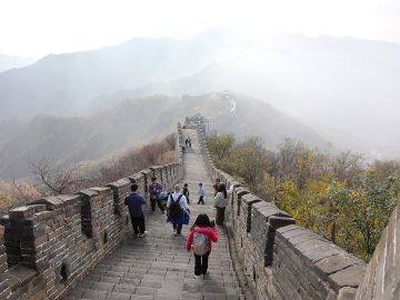 Visitors walking along the restored Mutianyu Great Wall