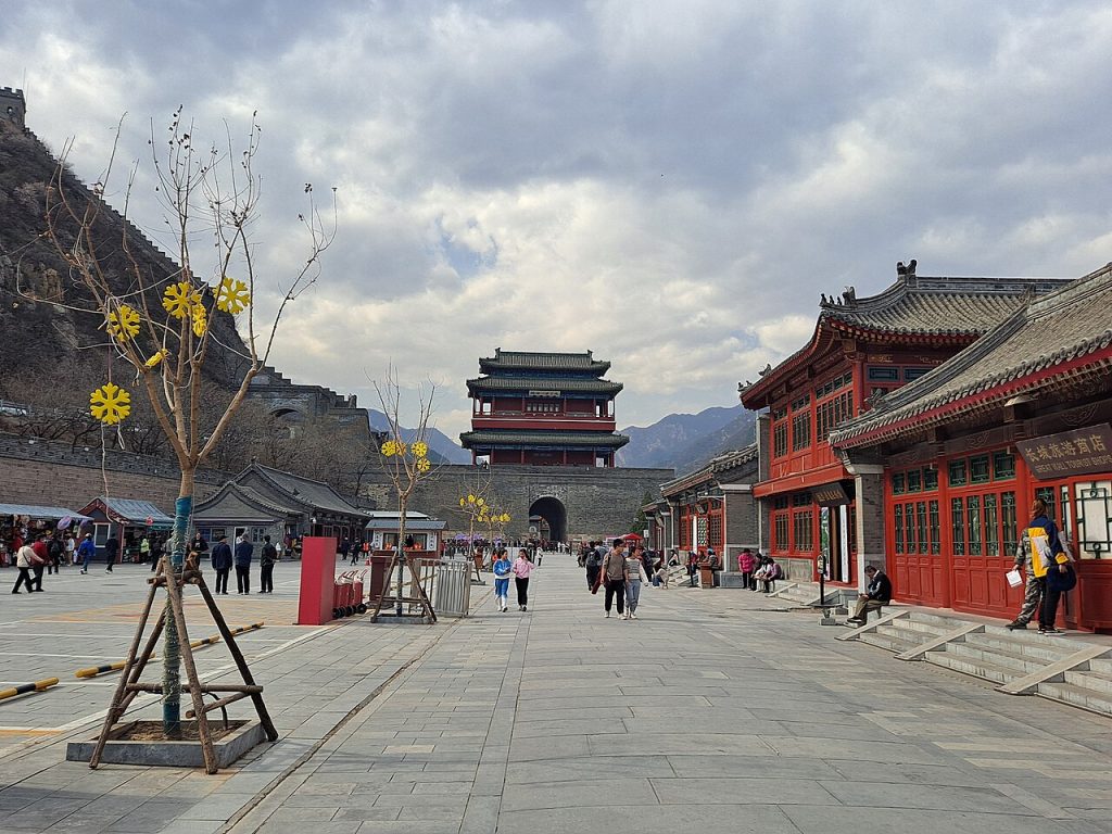 Gate tower and visitor street inside Juyongguan Pass