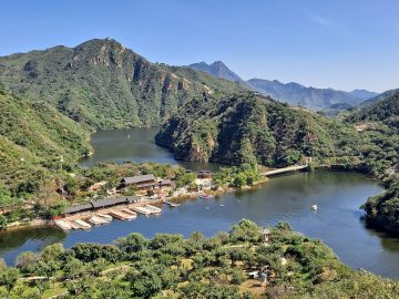 Real view over Haoming Lake and the hills of Huanghuacheng Lakeside Great Wall