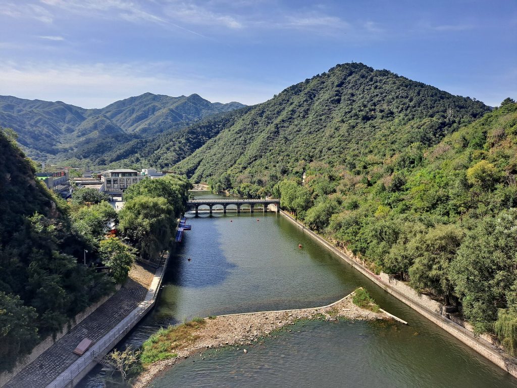 Lake and stone bridge at Huanghuacheng Lakeside Great Wall scenic area