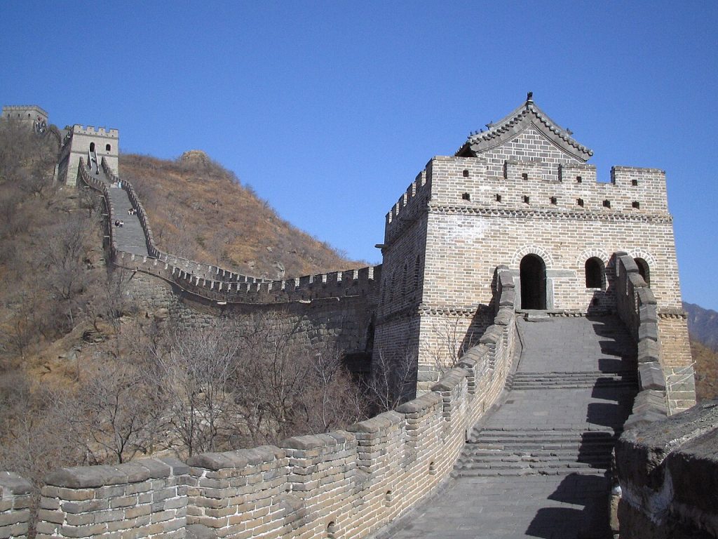 Mutianyu Great Wall walkway and watchtowers following the mountain ridge